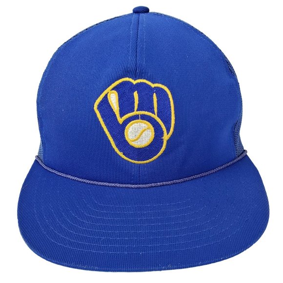 Milwaukee Brewers Hat - Vintage Snapback Trucker Baseball Cap Blue Mesh Rope MLB - Picture 1 of 7